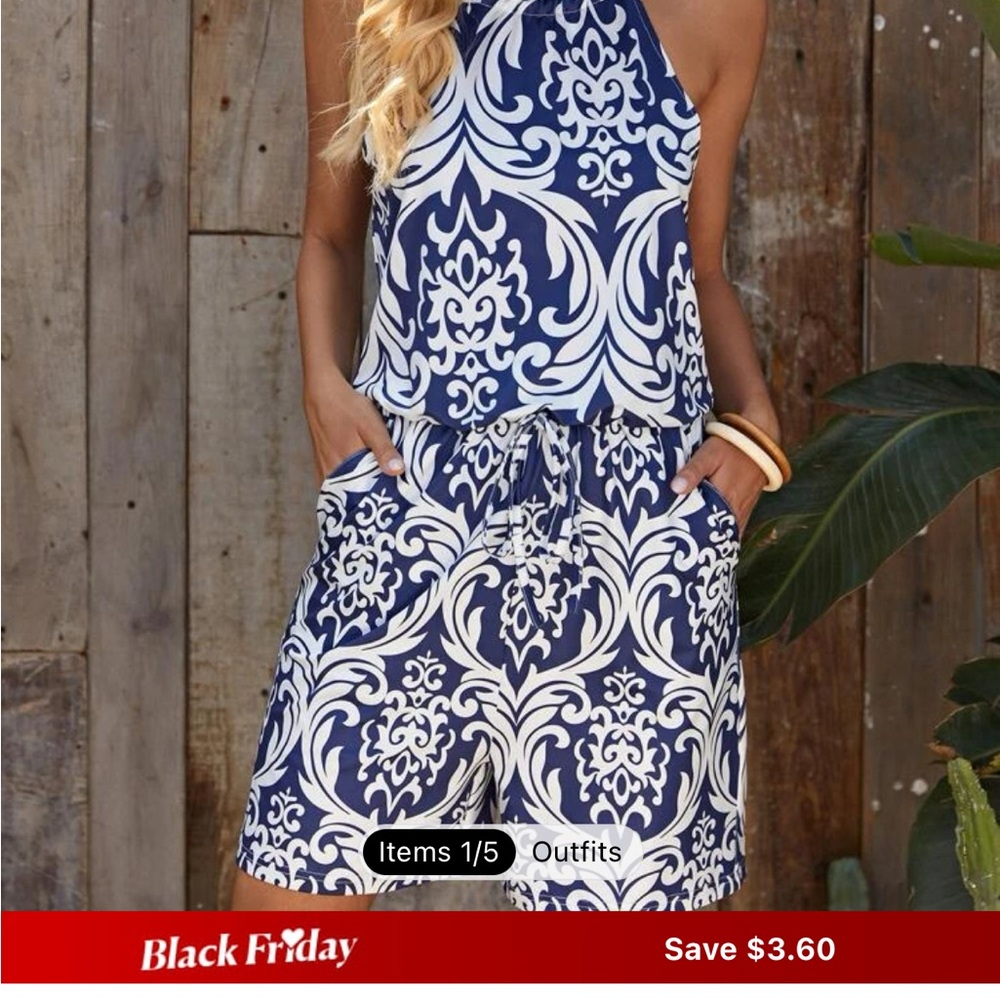 Emery Rose Blue/white halter romper XL